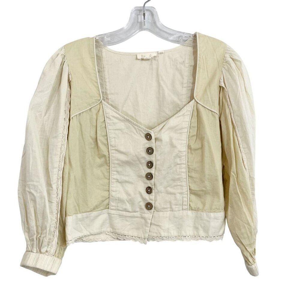Anthropologie‎ Let Me Be Cream Puff Sleeve Sweetheart Crop Top Buttons - Size XS